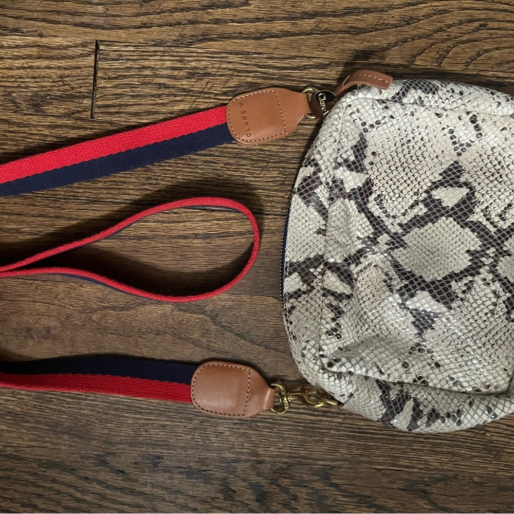Stylish Snake Print Crossbody Bag with Red and Black Strap